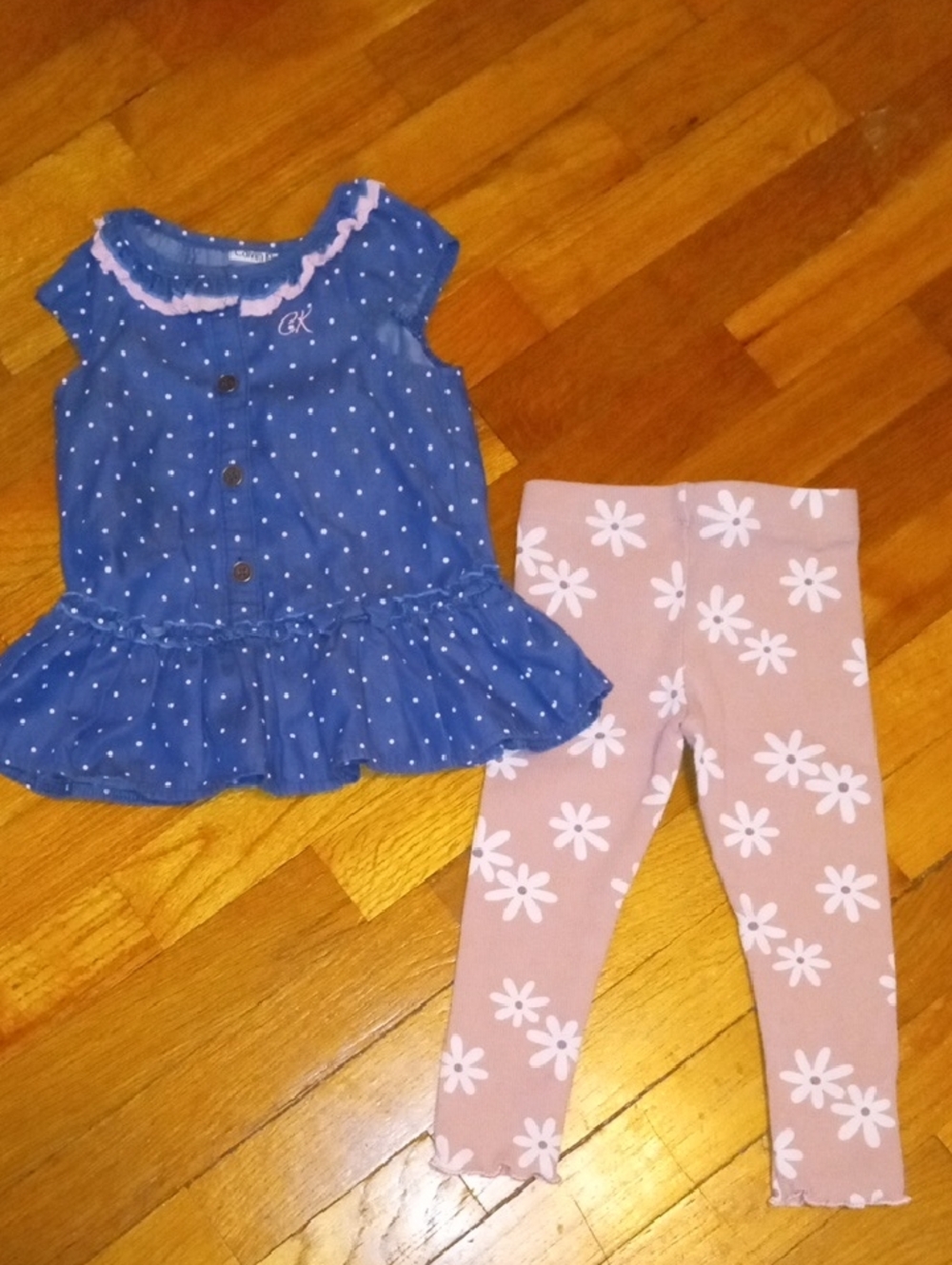 Blue Polka Dot Peplum Top & Pink Floral Leggings Set 2t Calvin Klein